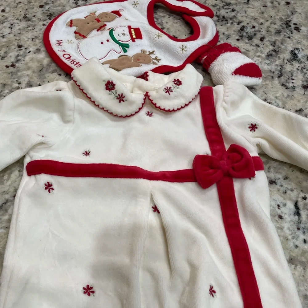 3 PC 1st Moments Charming White & Red Kids One Piece w Matching Bib & Socks 0-3M